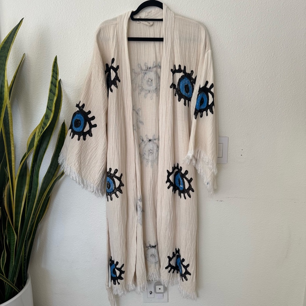 NWOT Handmade Cotton Muslin Evil Eye Kimono Robe